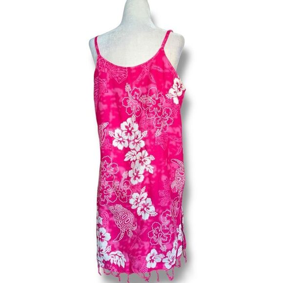 Vintage 90s Mini Dress Hot Pink Tropical Print Floral Slip Dress Fringe Hemmed - Picture 5 of 10